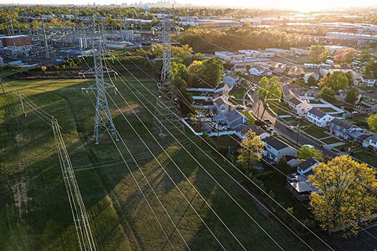 An aerial shot of power lines and distribution towers near a neighborhood and substation.