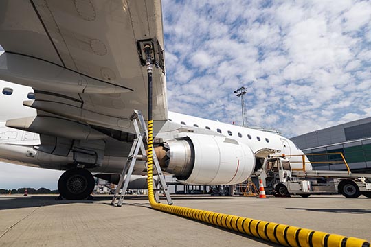 A plane parked on the tarmac getting refueled using a refueling hose.