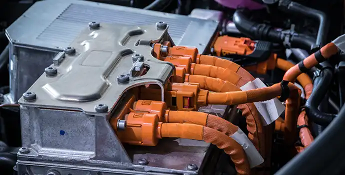 Close-up view of an electric vehicle battery pack.