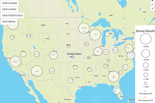 Screenshot of a map showing concentrations of data sources from different areas around the United States.