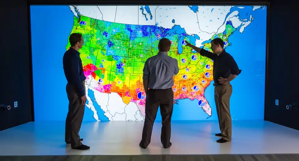 Photo of researchers looking at a large, colorful map of the United States.